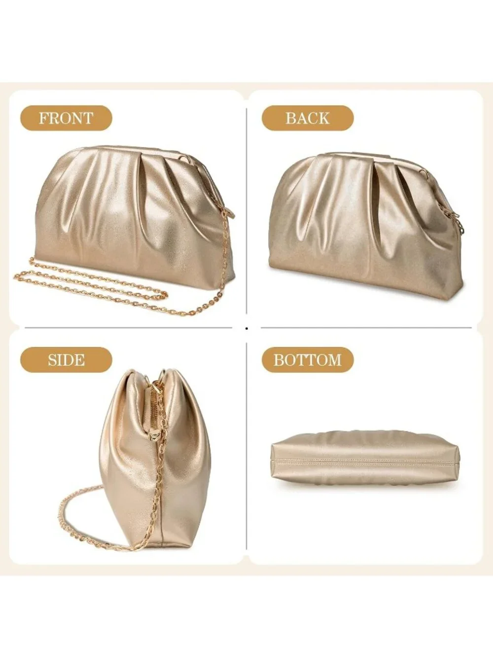 Women's Champagne Gold Soft Pleated Pu Clutch Purse Elegant Evening Wedding Bag